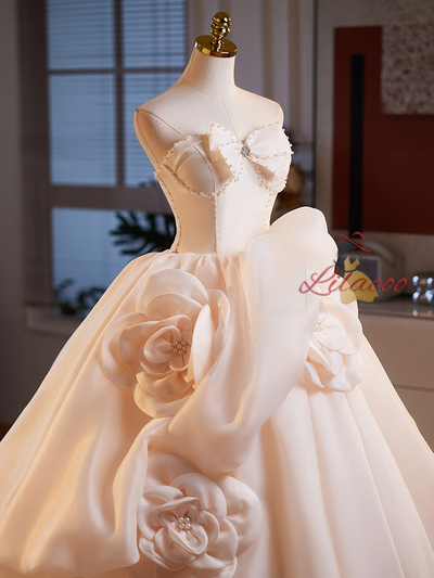 Champagne Tulle Strapless Flower Bow Wedding Dress