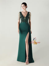 V-neck Appliques Split Beading Prom Dress