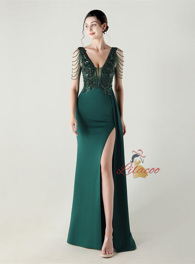 V-neck Appliques Split Beading Prom Dress