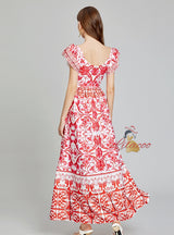 Printed V-neck Big Swing Slim A-line Dress