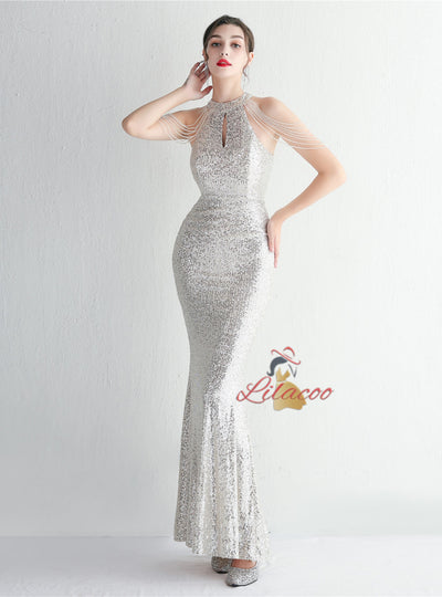 Mermaid Sequins Halter Beading Prom Dress