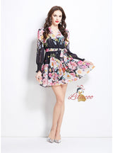 Deep V-neck Printed Ruffled Dress