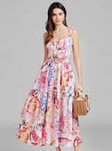 Holiday Pink Printed Seaside Suspender Flower Dress