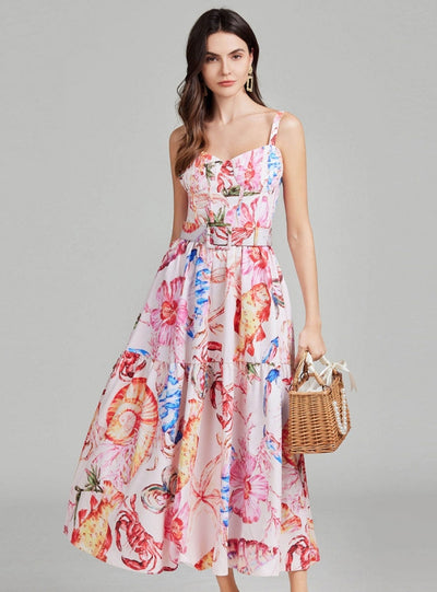 Holiday Pink Printed Seaside Suspender Flower Dress