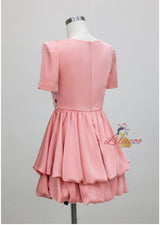 Pink Short Sleeve Pleats Embroidery Prom Dress