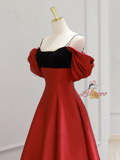 Red Satin Spaghetti Straps Prom Dress