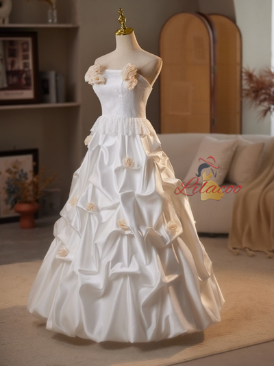 White Satin Lace Strapless Flower Wedding Dress