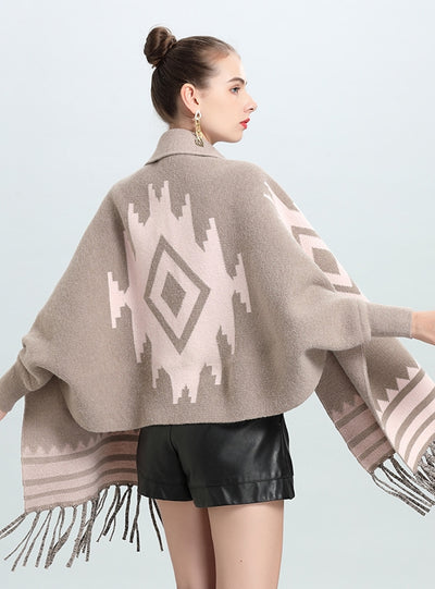 Striped Fringe Bat Sleeve Cardigan Shawl