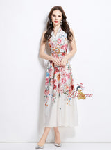 Sleeveless Silm Waist Button Printed Dress