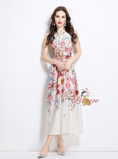 Sleeveless Silm Waist Button Printed Dress