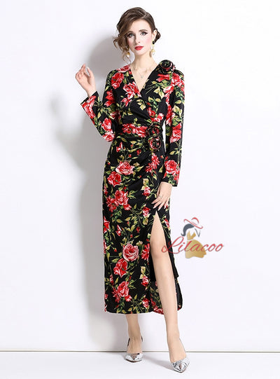Three-dimensional Flower Split Slim Print Dress