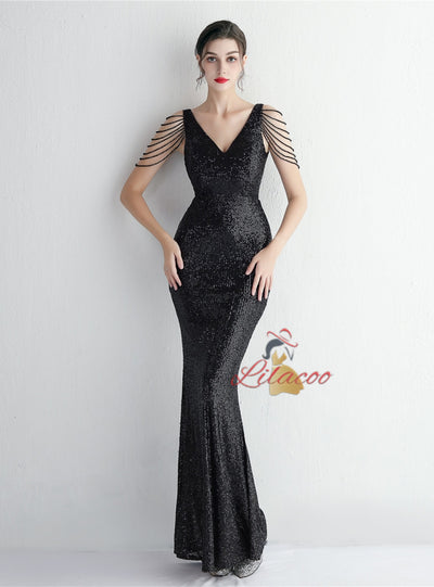 Mermaid Sequins V-neck Beading Prom Dress