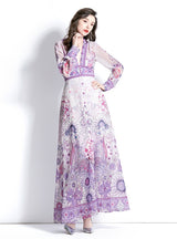 Retro Deep V-neck Lantern Sleeve Printed Dress