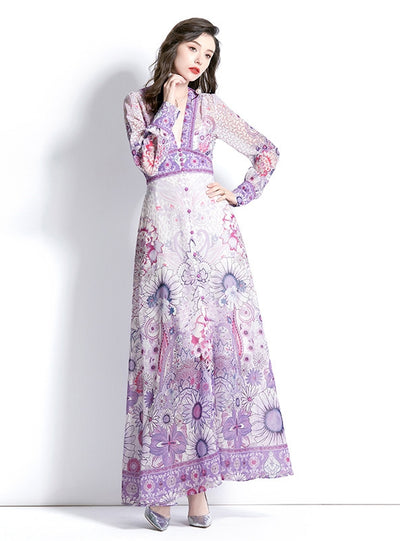 Retro Deep V-neck Lantern Sleeve Printed Dress