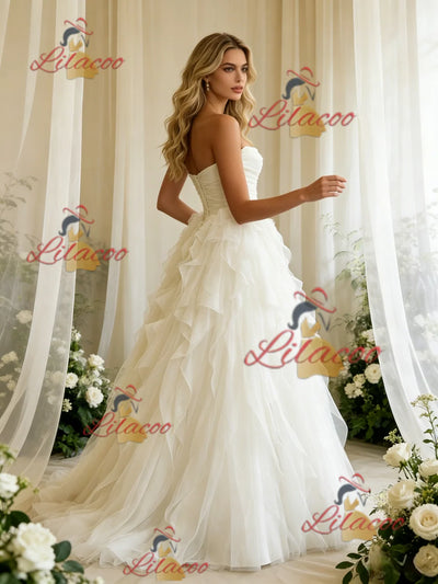 Beige White Tulle Strapless Pleats Wedding Dress