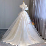 White Satin Tulle Pleats Wedding Dress