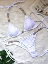 Solid Color Strap Rhinestone Swimsuit Bikini