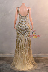 Gold Mermaid Sequins V-neck Split Prom Dress