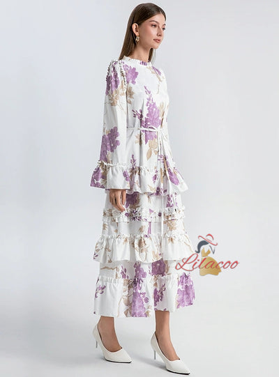 Round Neck Trumpet Long Sleeve Ruffled Dress