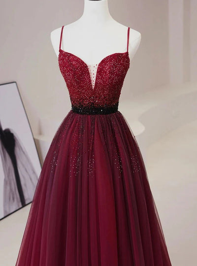 Burgundy Tulle Spaghetti Straps Prom Dress