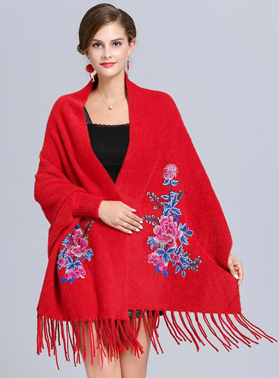 Loosely Embroidered Bat Sleeve Shawl Cloak