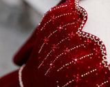 Burgundy Velvet Long Sleeve Beading Prom Dress