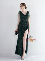 V-neck Sequins Beading Split Prom Dress