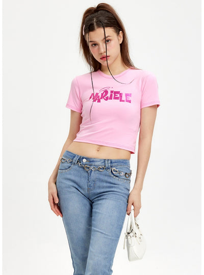 Short-sleeved Letter Printed Slim Round Neck T-shirt