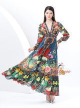Retro Deep V-neck Lantern Sleeve Floral Dress