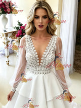White V-neck Long Sleeve Wedding Dress