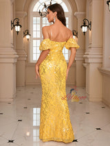 Yellw Sequins Strapless Split Prom Dress