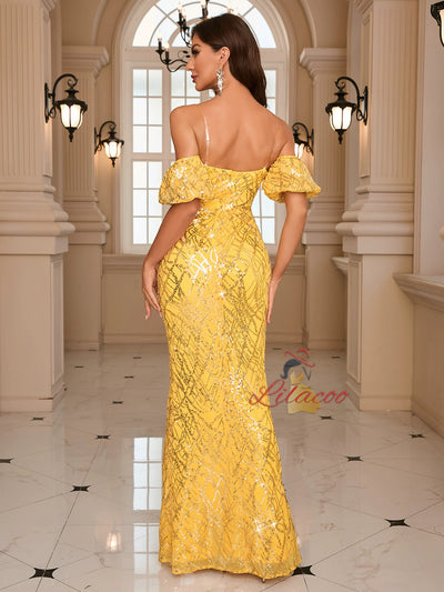 Yellw Sequins Strapless Split Prom Dress