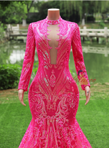 Fuchsia Mermaid Sequins Long Sleeve Prom Dress