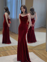 Burgundy Velvet Straps Backless Prom Dress