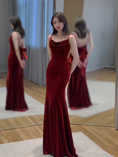 Burgundy Velvet Straps Backless Prom Dress