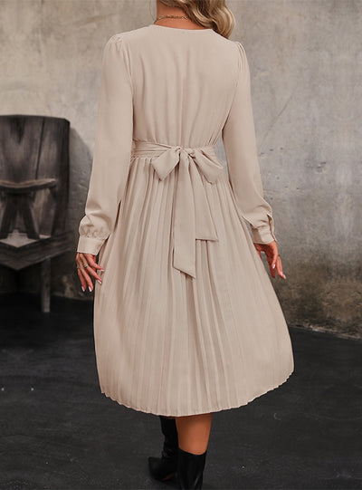 Solid Color Long Sleeve Pleated Dress