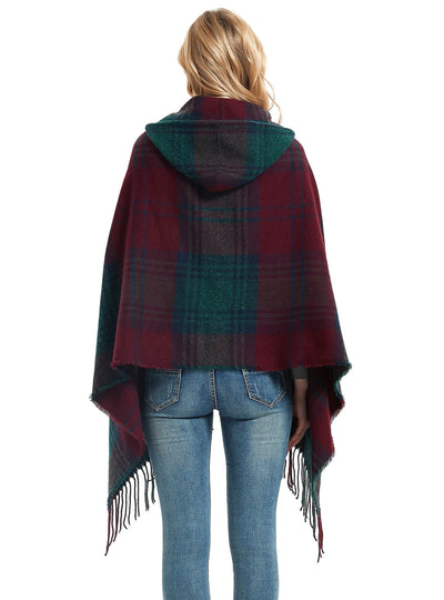 Checked Horn Buckle Hooded Shawl Cloak