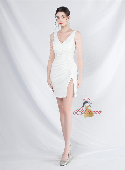 V-neck Sequins Beading Mini Prom Dress