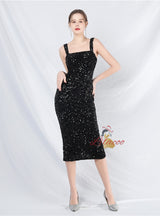 Sheath Sequins Straps Tea Length Prom Dress