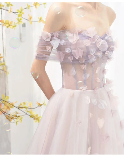 Purple Tulle 3D Flower See Through Prom Dress