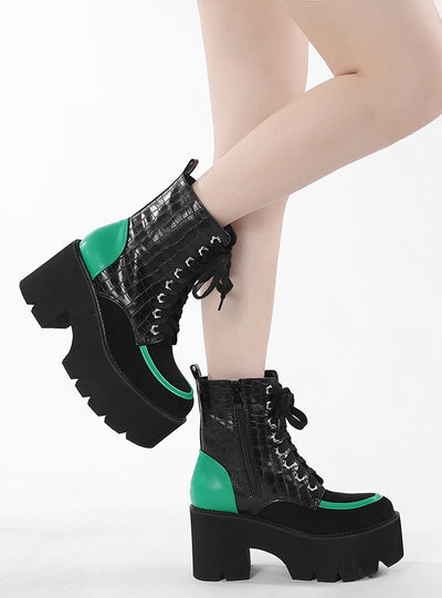 Contrasting Serpentine Embossed Thick-soled Heel Booties