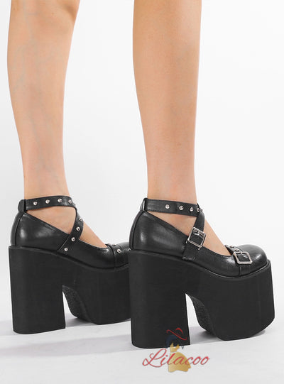 High-heeled Cross-riveted Thick-soled Platform Shoes