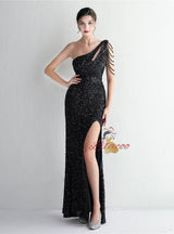 One Shoulder Sequins Beading Split Prom Dress
