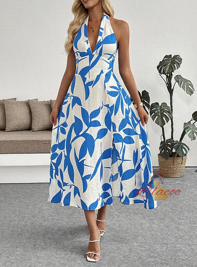 Halter Split Plant Print Dress