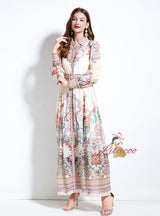 Retro Palace Printed Row Button Lantern Sleeve Dress