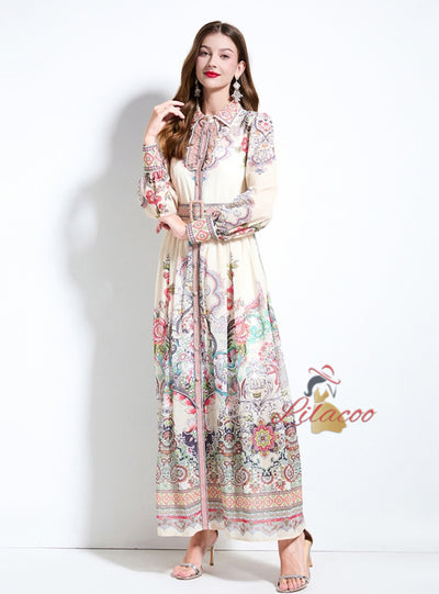 Retro Palace Printed Row Button Lantern Sleeve Dress