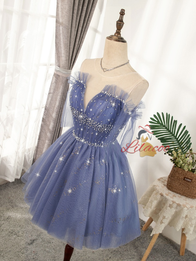 Blue Tulle Sequins Beading Pleats Homecoming Dress
