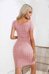 Button Square Neck Short Sleeve Sweater Dress