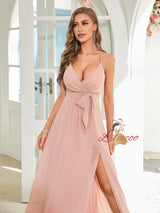 Pink Chiffon Spaghetti Straps Split Party Dress