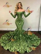 Green Sequins Long Sleeve Prom Dress